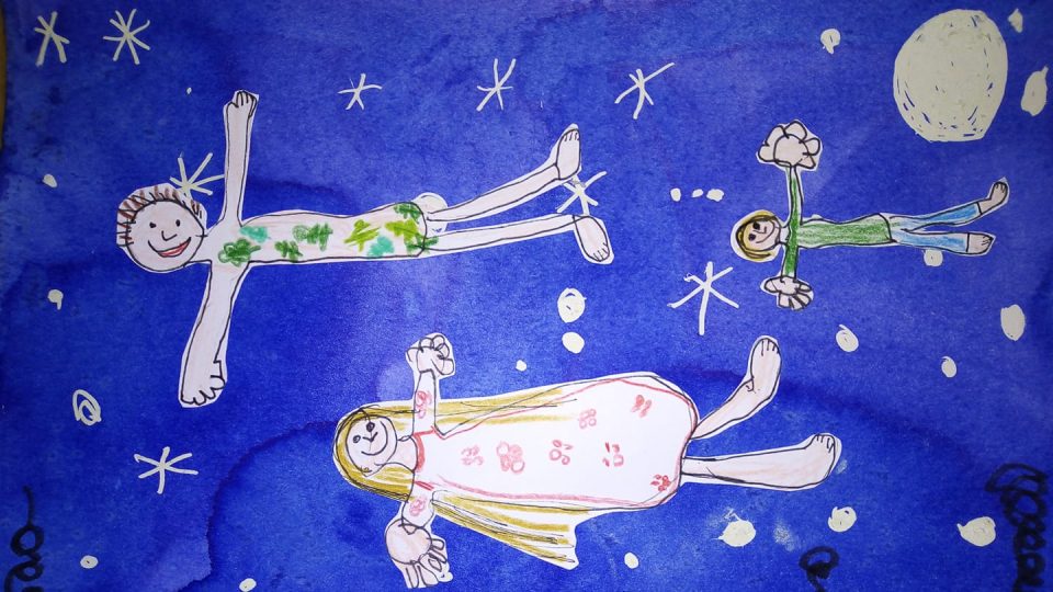 Šestiletá Kačka namalovala hrdiny pohádky letící noční oblohou