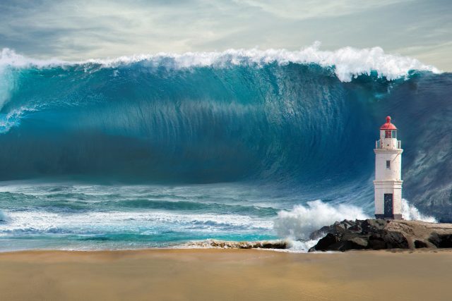 OBL9 vlny tsunami lidi fascinují i děsí. Ilustrační fotomontáž | foto: Shutterstock